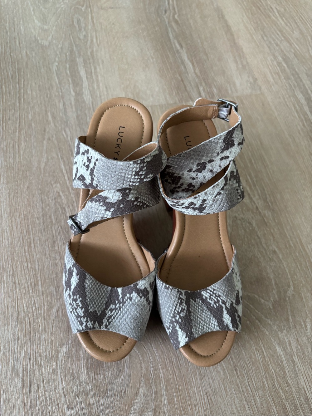 Lucky Brand Women's Taupe Snake-Print Ankle Strap Sandals-sz 8.5